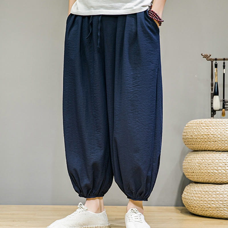 Summer Plain Drawstring Men's Ankle-Length Cotton Harem Pants With Pockets