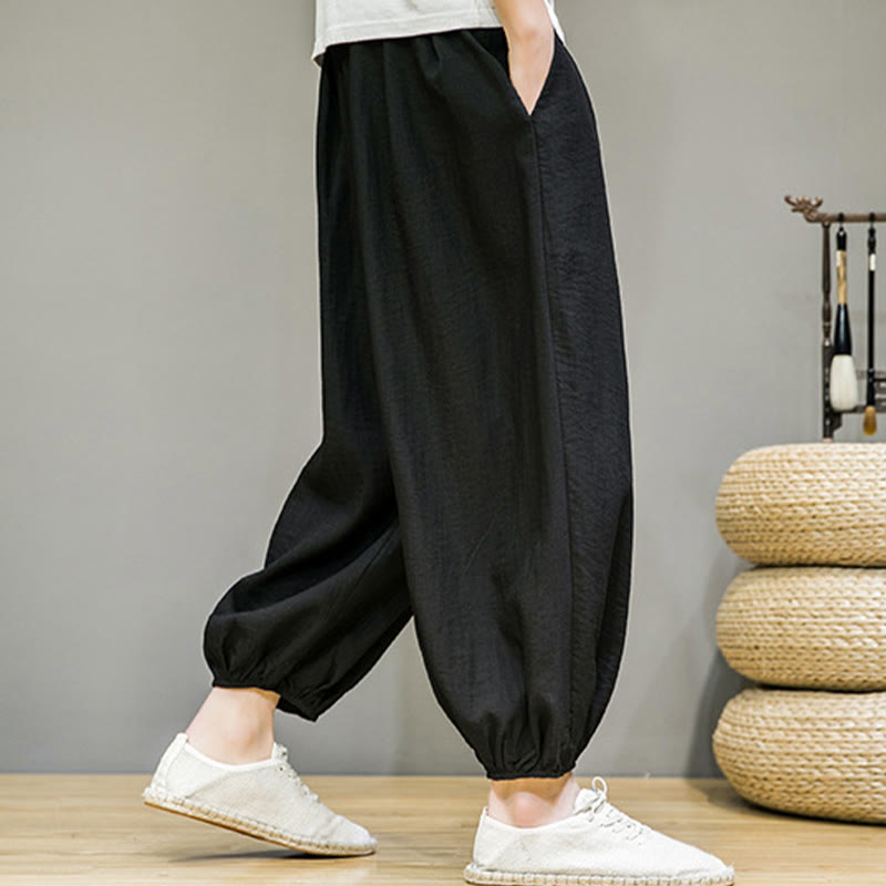 Summer Plain Drawstring Men's Ankle-Length Cotton Harem Pants With Pockets