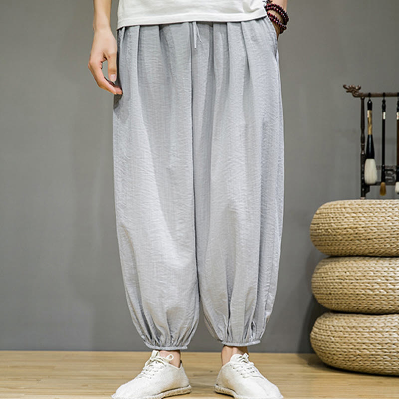 Summer Plain Drawstring Men's Ankle-Length Cotton Harem Pants With Pockets