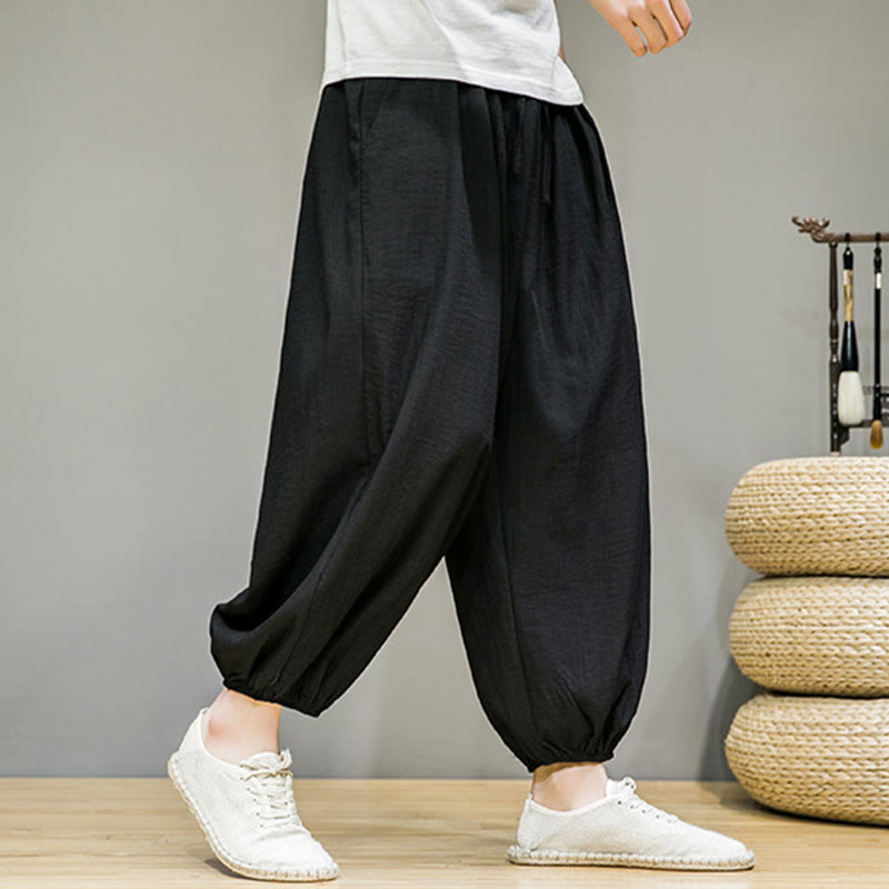 Summer Plain Drawstring Men's Ankle-Length Cotton Harem Pants With Pockets