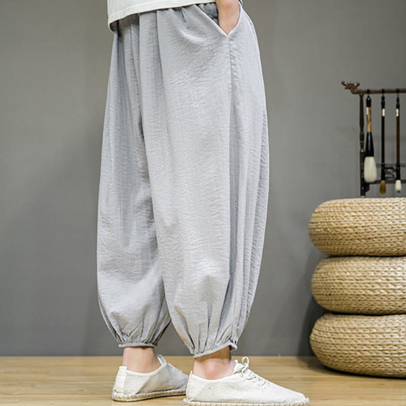 Summer Plain Drawstring Men's Ankle-Length Cotton Harem Pants With Pockets