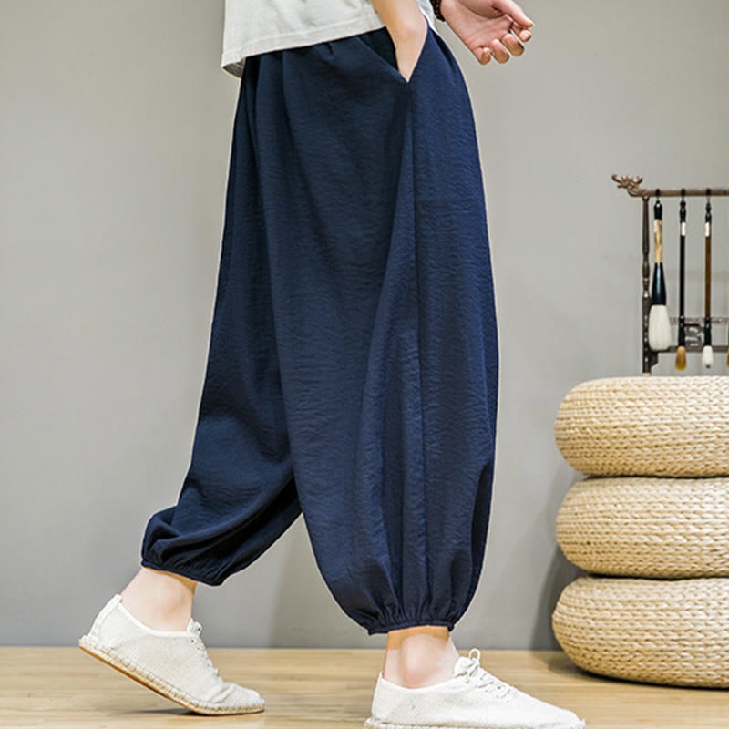 Summer Plain Drawstring Men's Ankle-Length Cotton Harem Pants With Pockets