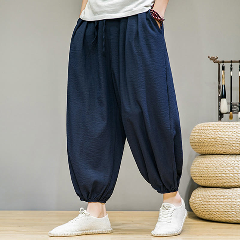 Summer Plain Drawstring Men's Ankle-Length Cotton Harem Pants With Pockets