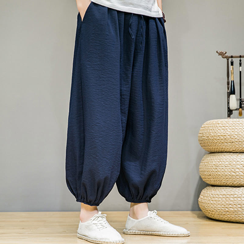 Summer Plain Drawstring Men's Ankle-Length Cotton Harem Pants With Pockets