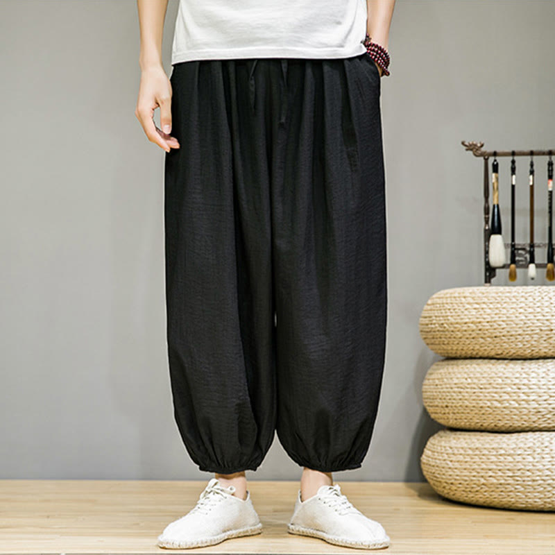 Summer Plain Drawstring Men's Ankle-Length Cotton Harem Pants With Pockets