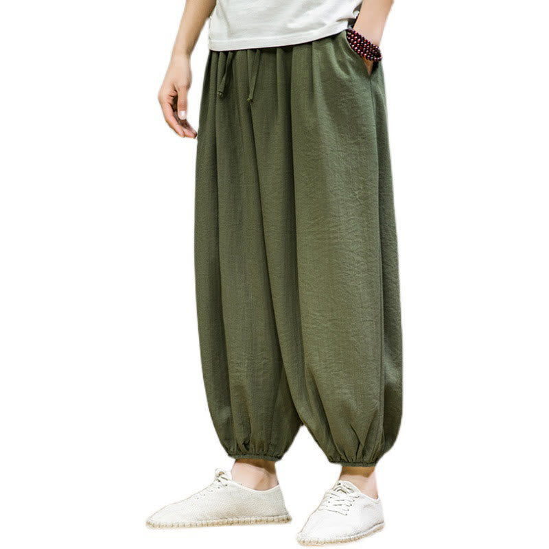 Summer Plain Drawstring Men's Ankle-Length Cotton Harem Pants With Pockets