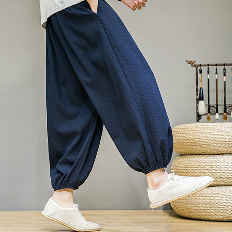 Summer Plain Drawstring Men's Ankle-Length Cotton Harem Pants With Pockets