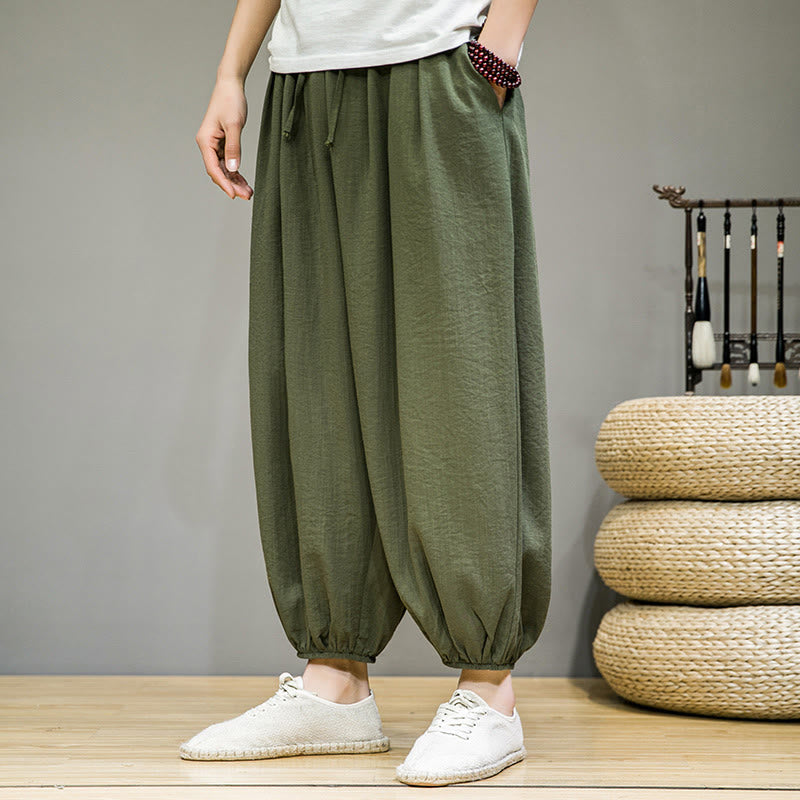 Summer Plain Drawstring Men's Ankle-Length Cotton Harem Pants With Pockets