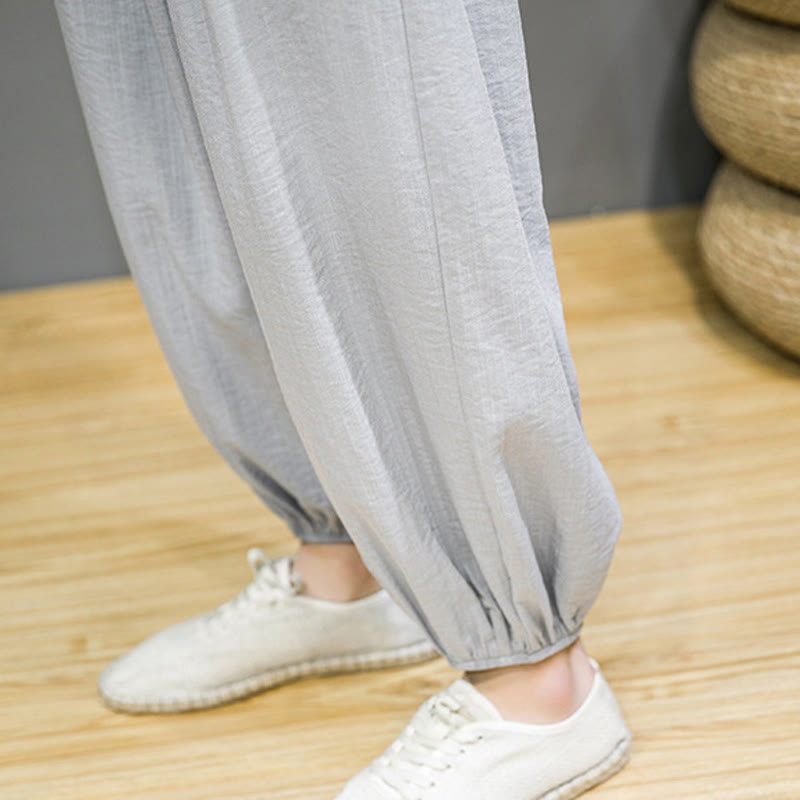Summer Plain Drawstring Men's Ankle-Length Cotton Harem Pants With Pockets