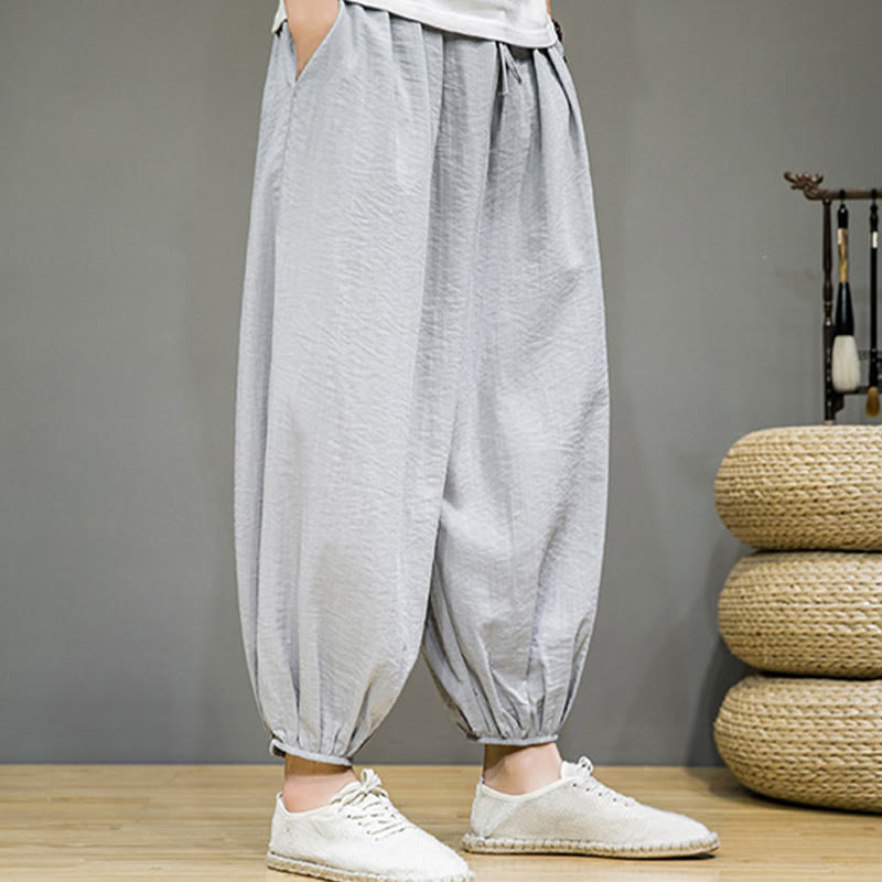 Summer Plain Drawstring Men's Ankle-Length Cotton Harem Pants With Pockets