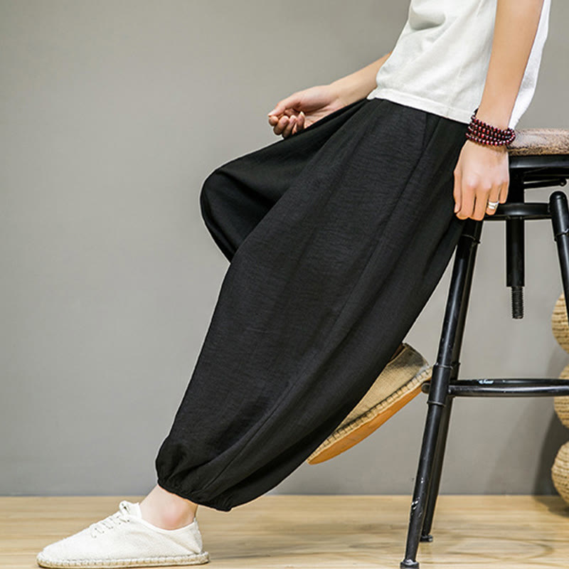 Summer Plain Drawstring Men's Ankle-Length Cotton Harem Pants With Pockets