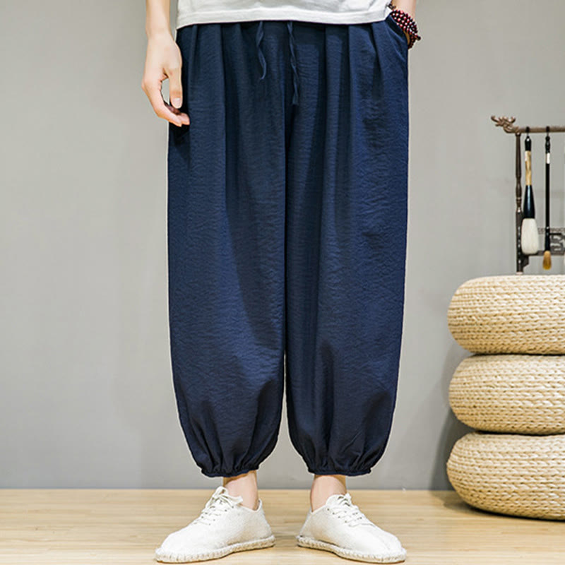 Summer Plain Drawstring Men's Ankle-Length Cotton Harem Pants With Pockets