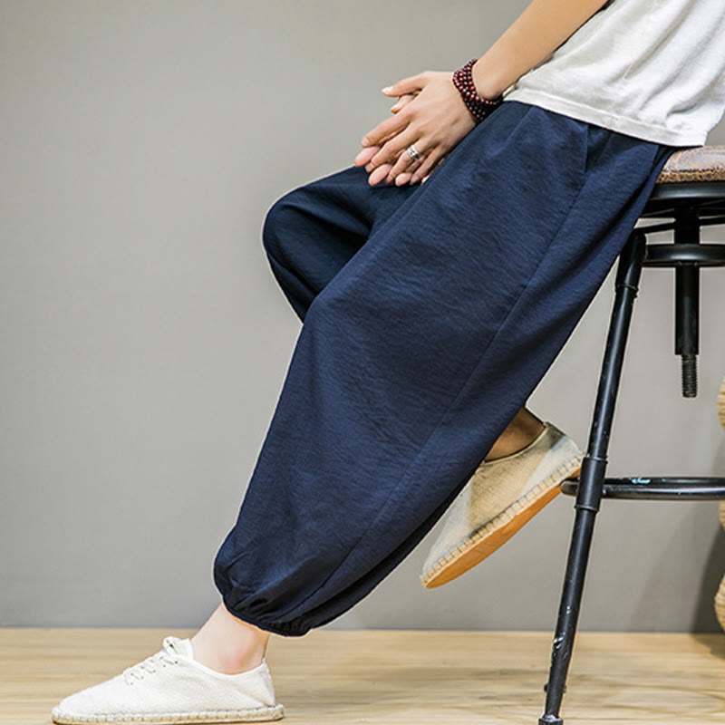 Summer Plain Drawstring Men's Ankle-Length Cotton Harem Pants With Pockets