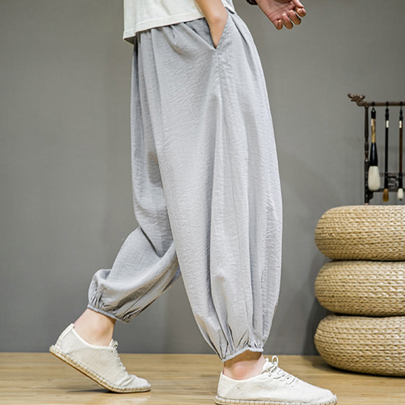 Summer Plain Drawstring Men's Ankle-Length Cotton Harem Pants With Pockets