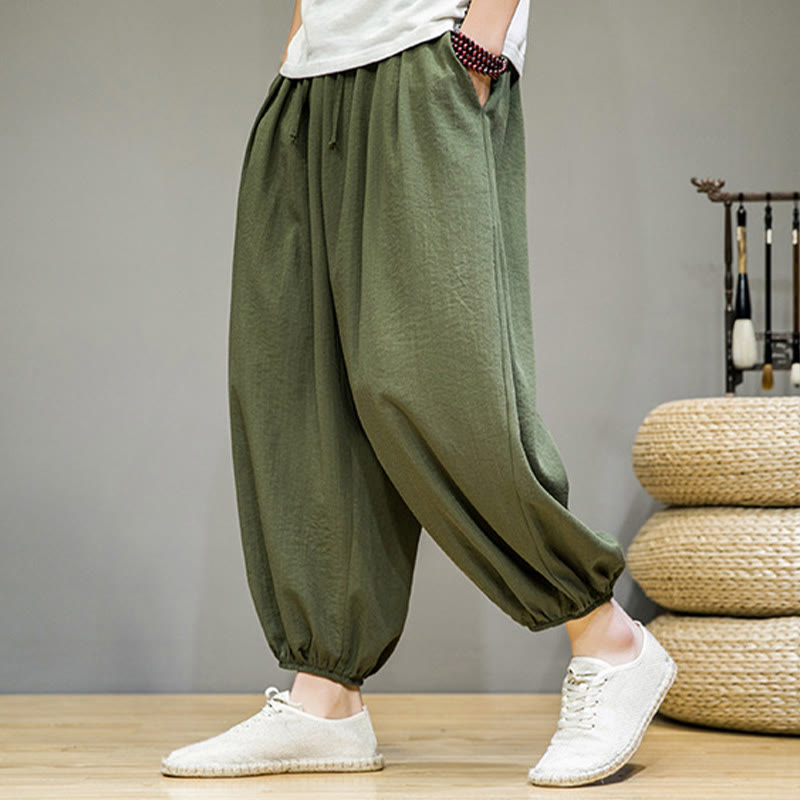 Summer Plain Drawstring Men's Ankle-Length Cotton Harem Pants With Pockets