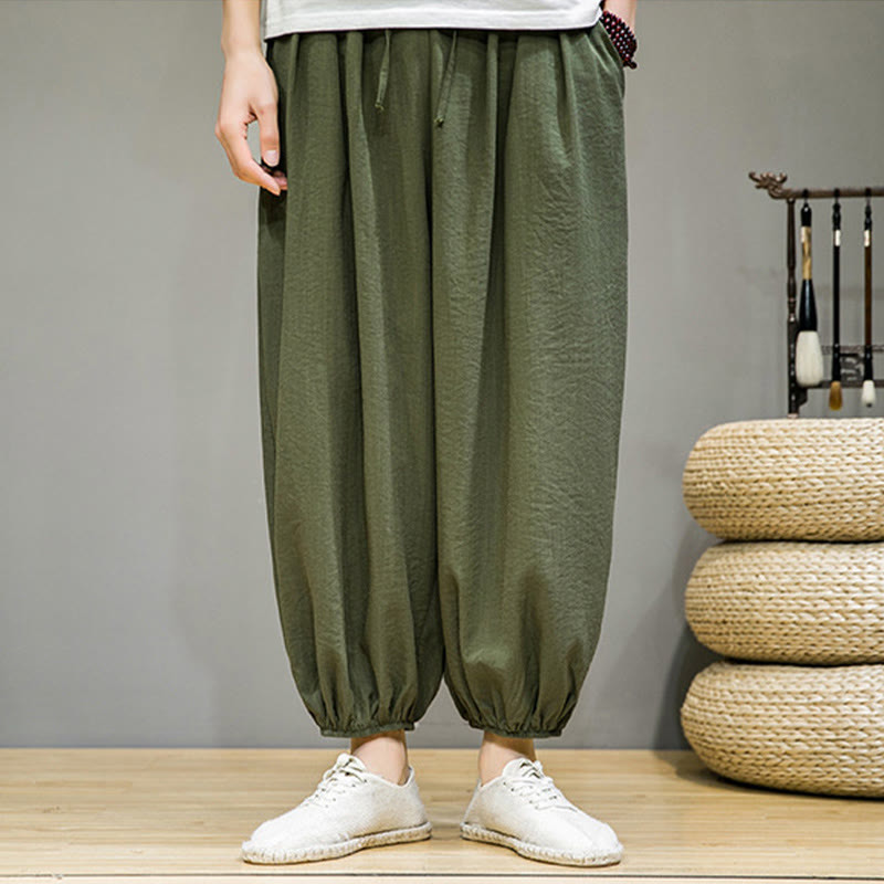 Summer Plain Drawstring Men's Ankle-Length Cotton Harem Pants With Pockets