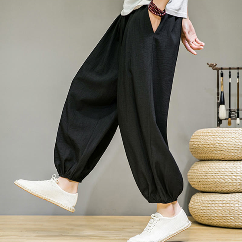Summer Plain Drawstring Men's Ankle-Length Cotton Harem Pants With Pockets