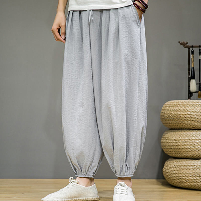 Summer Plain Drawstring Men's Ankle-Length Cotton Harem Pants With Pockets