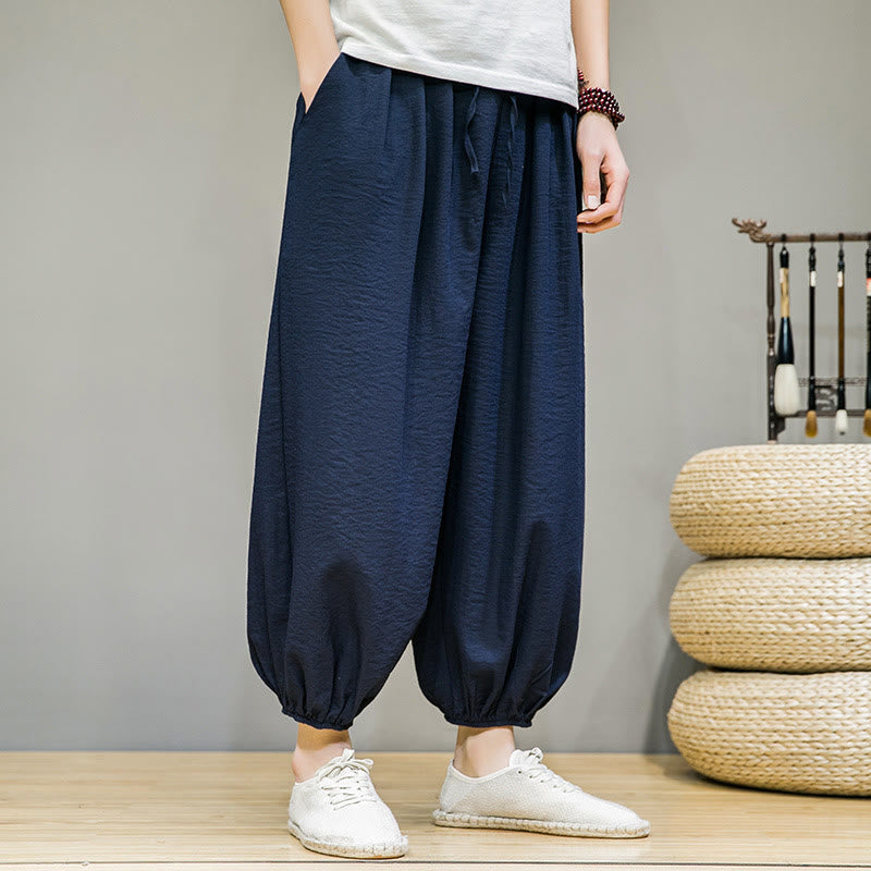 Summer Plain Drawstring Men's Ankle-Length Cotton Harem Pants With Pockets