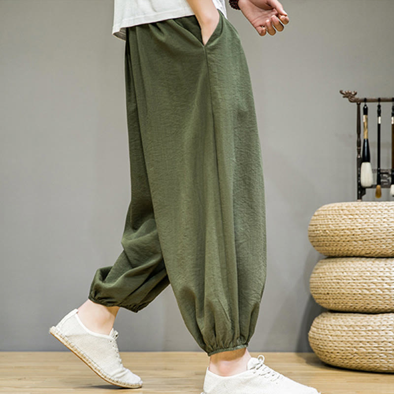 Summer Plain Drawstring Men's Ankle-Length Cotton Harem Pants With Pockets
