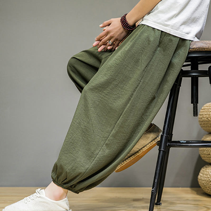 Summer Plain Drawstring Men's Ankle-Length Cotton Harem Pants With Pockets