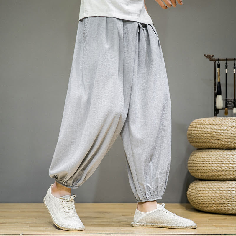 Summer Plain Drawstring Men's Ankle-Length Cotton Harem Pants With Pockets