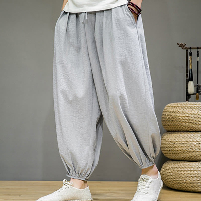 Summer Plain Drawstring Men's Ankle-Length Cotton Harem Pants With Pockets