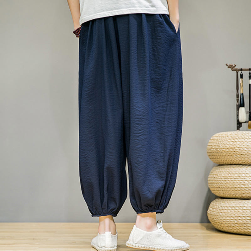 Summer Plain Drawstring Men's Ankle-Length Cotton Harem Pants With Pockets