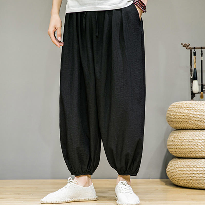 Summer Plain Drawstring Men's Ankle-Length Cotton Harem Pants With Pockets