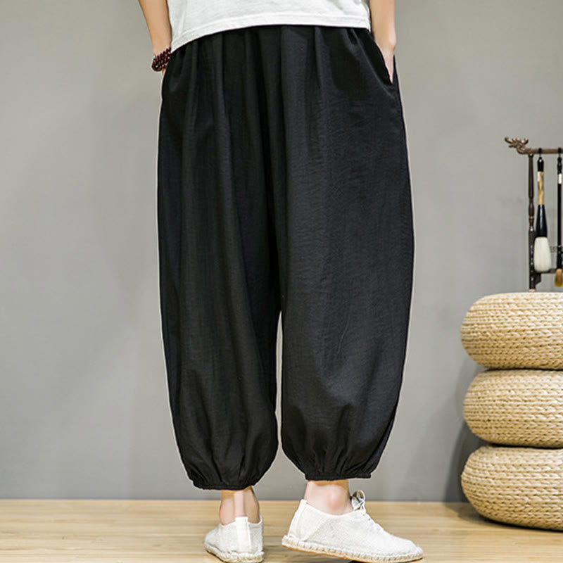 Summer Plain Drawstring Men's Ankle-Length Cotton Harem Pants With Pockets