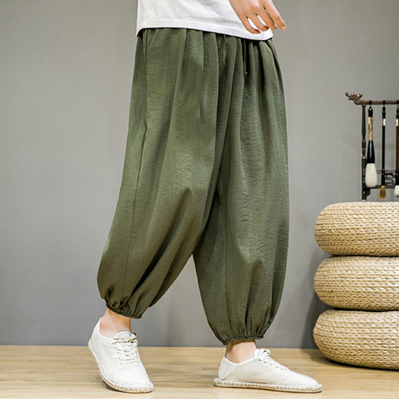 Summer Plain Drawstring Men's Ankle-Length Cotton Harem Pants With Pockets