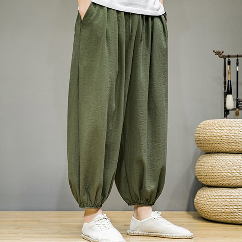 Summer Plain Drawstring Men's Ankle-Length Cotton Harem Pants With Pockets