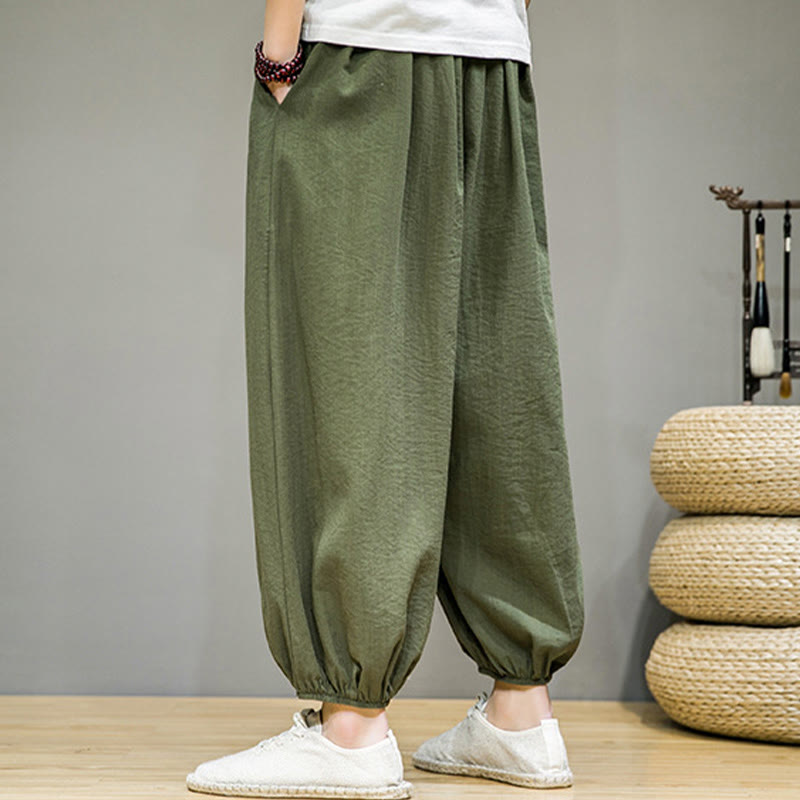 Summer Plain Drawstring Men's Ankle-Length Cotton Harem Pants With Pockets