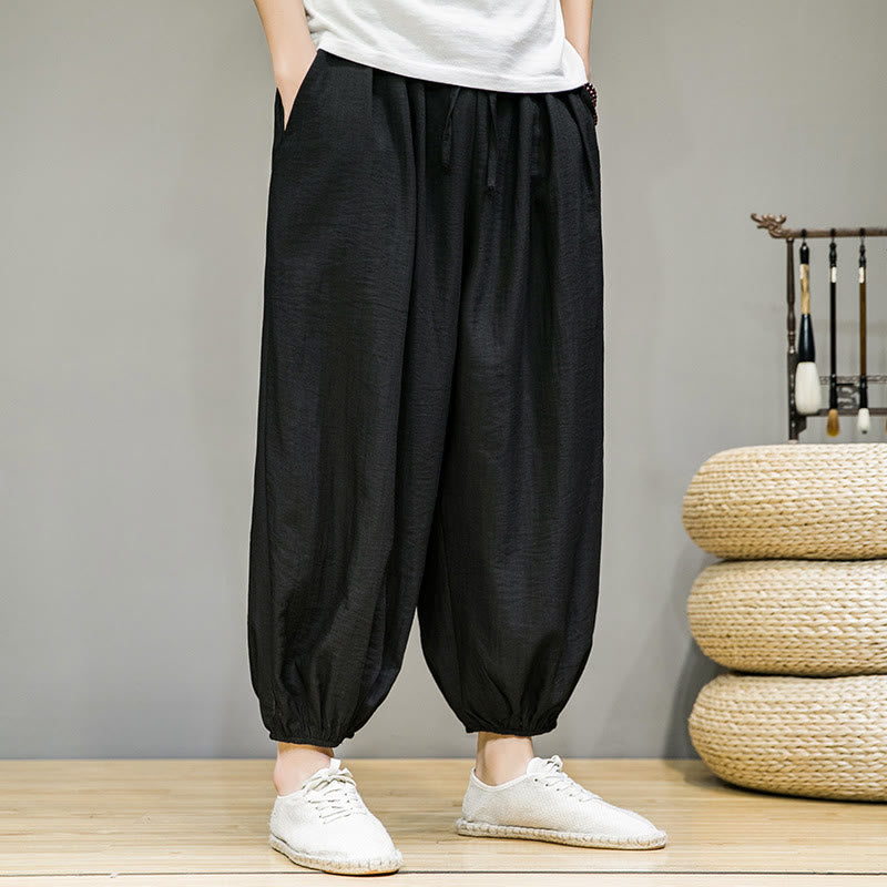 Summer Plain Drawstring Men's Ankle-Length Cotton Harem Pants With Pockets