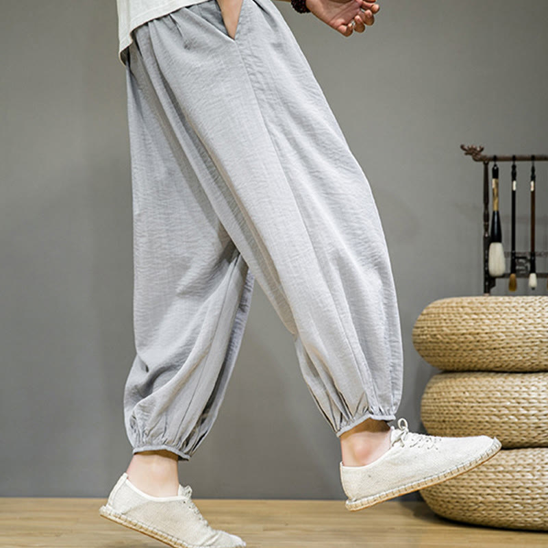 Summer Plain Drawstring Men's Ankle-Length Cotton Harem Pants With Pockets