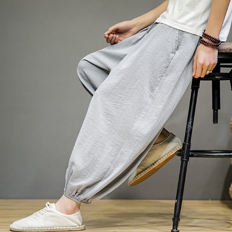 Summer Plain Drawstring Men's Ankle-Length Cotton Harem Pants With Pockets