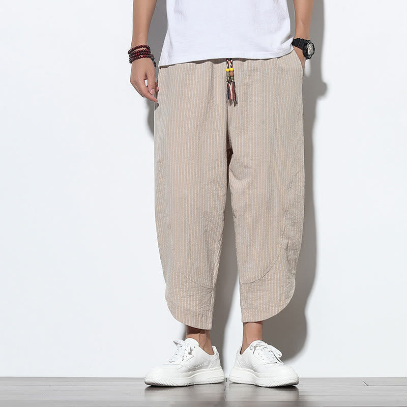 Summer Stripes Pattern Drawstring Cotton Linen Men's 7-8 Length Harem Pants With Pockets