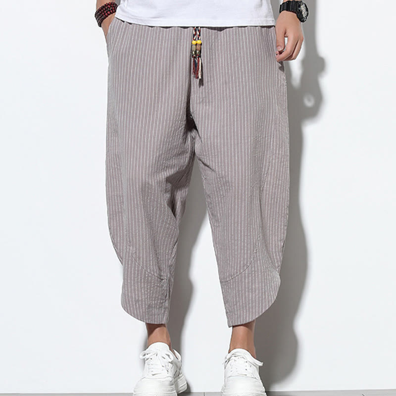 Summer Stripes Pattern Drawstring Cotton Linen Men's 7-8 Length Harem Pants With Pockets