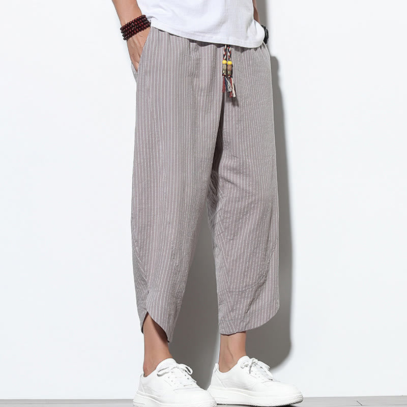 Summer Stripes Pattern Drawstring Cotton Linen Men's 7-8 Length Harem Pants With Pockets