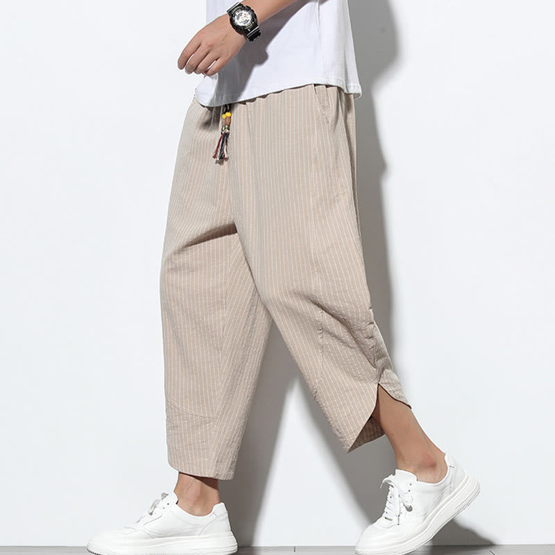 Summer Stripes Pattern Drawstring Cotton Linen Men's 7-8 Length Harem Pants With Pockets