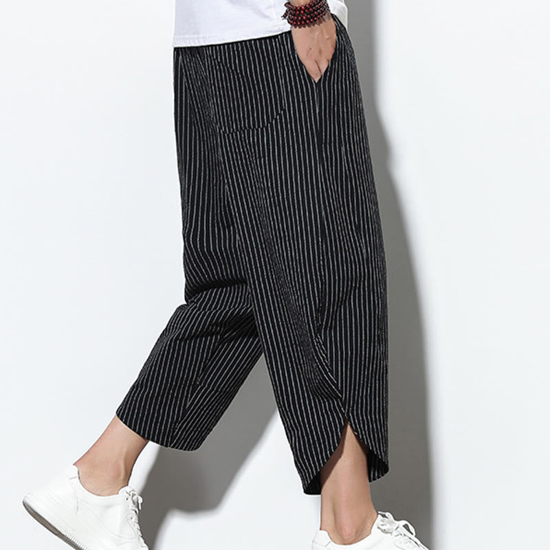 Summer Stripes Pattern Drawstring Cotton Linen Men's 7-8 Length Harem Pants With Pockets