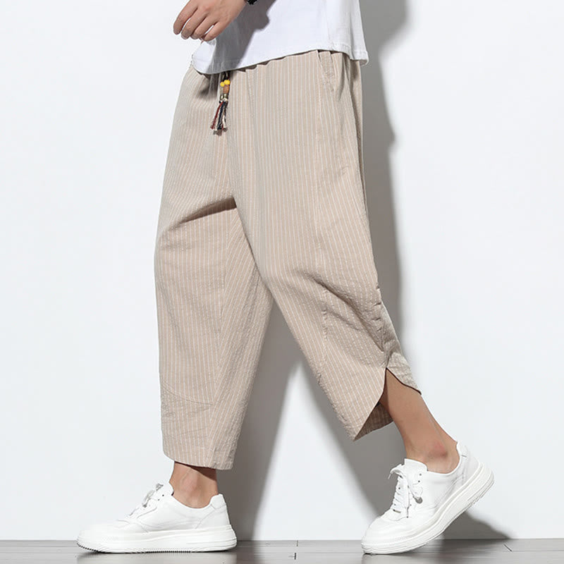 Summer Stripes Pattern Drawstring Cotton Linen Men's 7-8 Length Harem Pants With Pockets