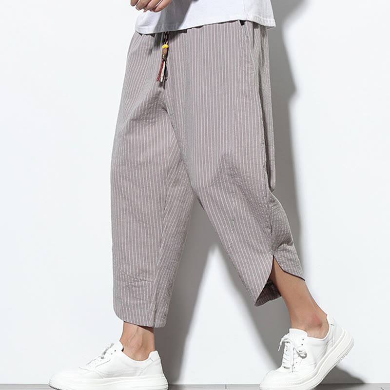 Summer Stripes Pattern Drawstring Cotton Linen Men's 7-8 Length Harem Pants With Pockets