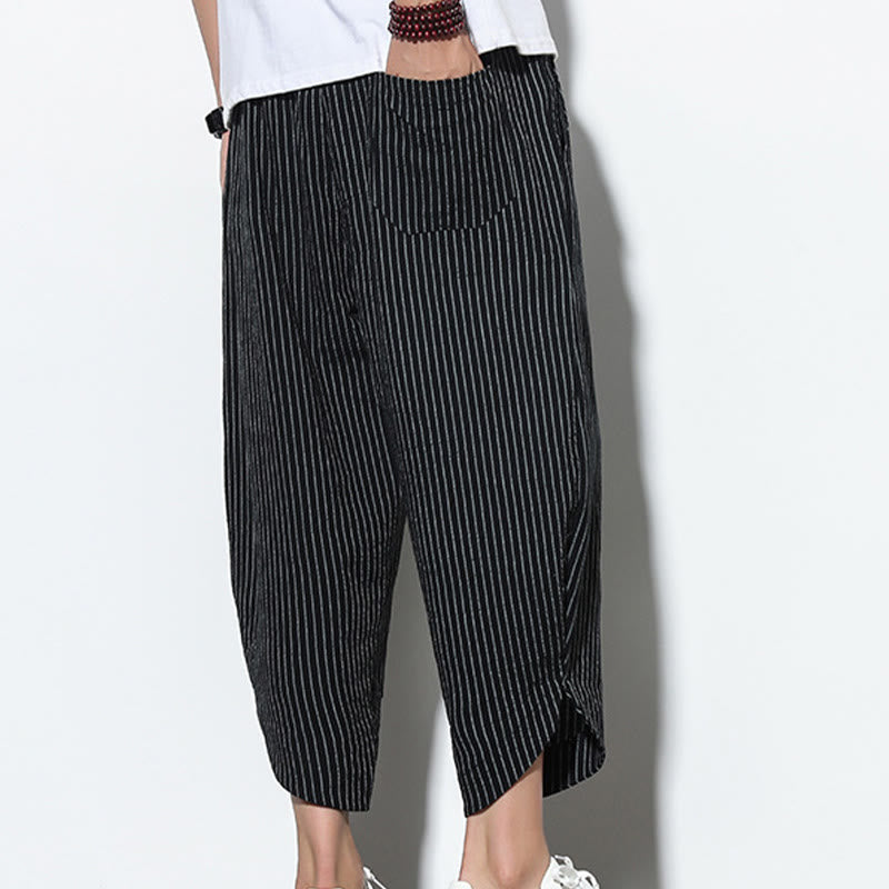 Summer Stripes Pattern Drawstring Cotton Linen Men's 7-8 Length Harem Pants With Pockets