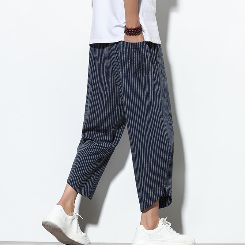 Summer Stripes Pattern Drawstring Cotton Linen Men's 7-8 Length Harem Pants With Pockets