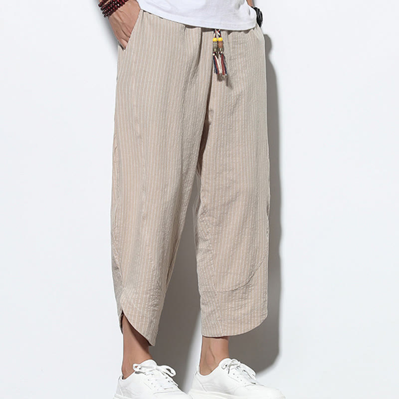 Summer Stripes Pattern Drawstring Cotton Linen Men's 7-8 Length Harem Pants With Pockets