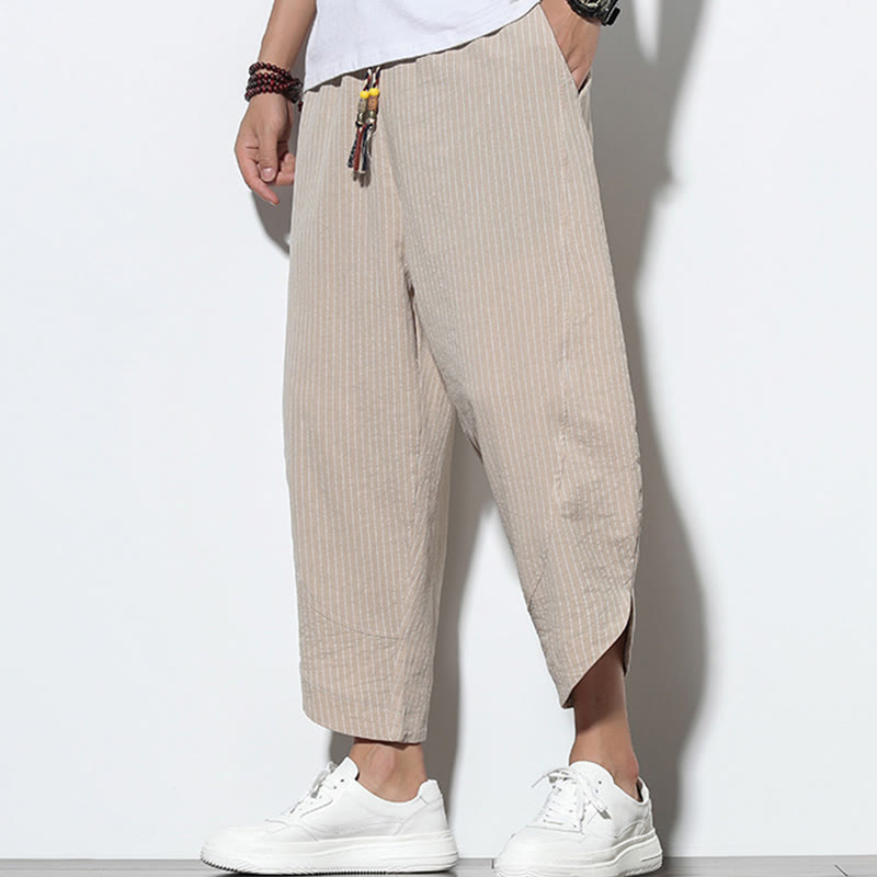 Summer Stripes Pattern Drawstring Cotton Linen Men's 7-8 Length Harem Pants With Pockets