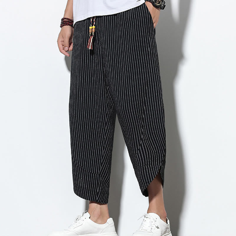 Summer Stripes Pattern Drawstring Cotton Linen Men's 7-8 Length Harem Pants With Pockets