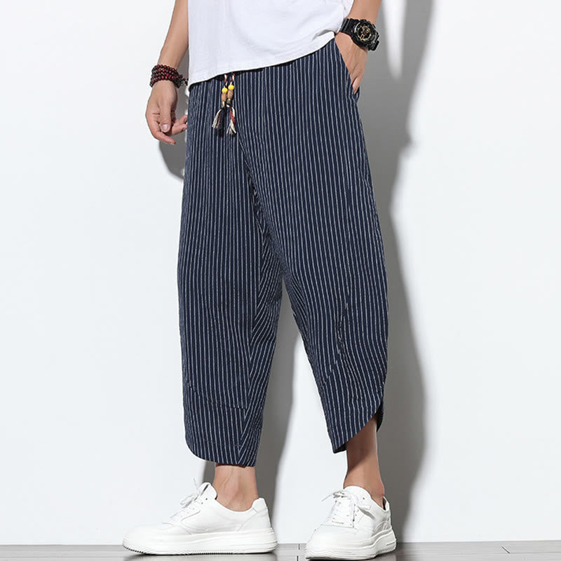 Summer Stripes Pattern Drawstring Cotton Linen Men's 7-8 Length Harem Pants With Pockets