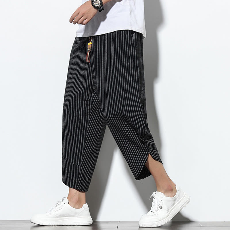 Summer Stripes Pattern Drawstring Cotton Linen Men's 7-8 Length Harem Pants With Pockets